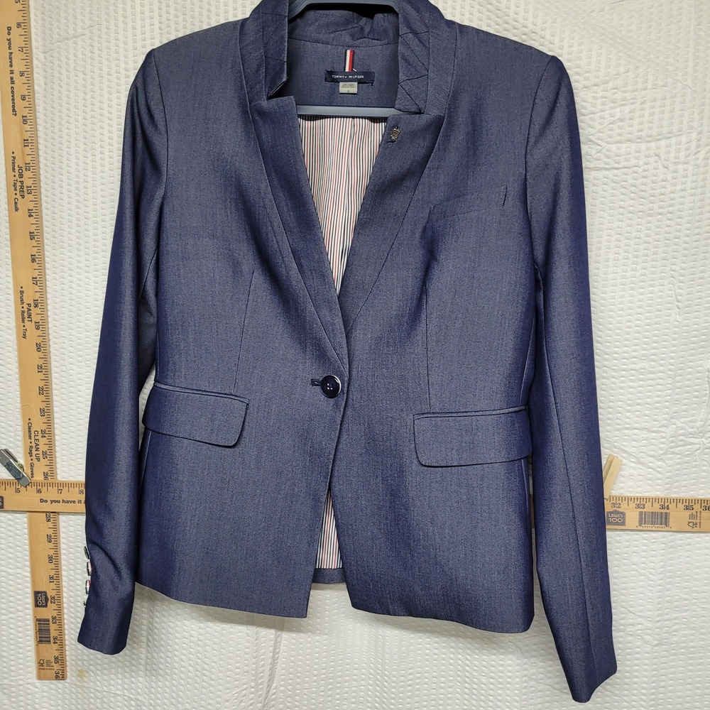 Tommy Hilfiger Womens Blue Single Button Stand Collar Blazer Jacket Size 2